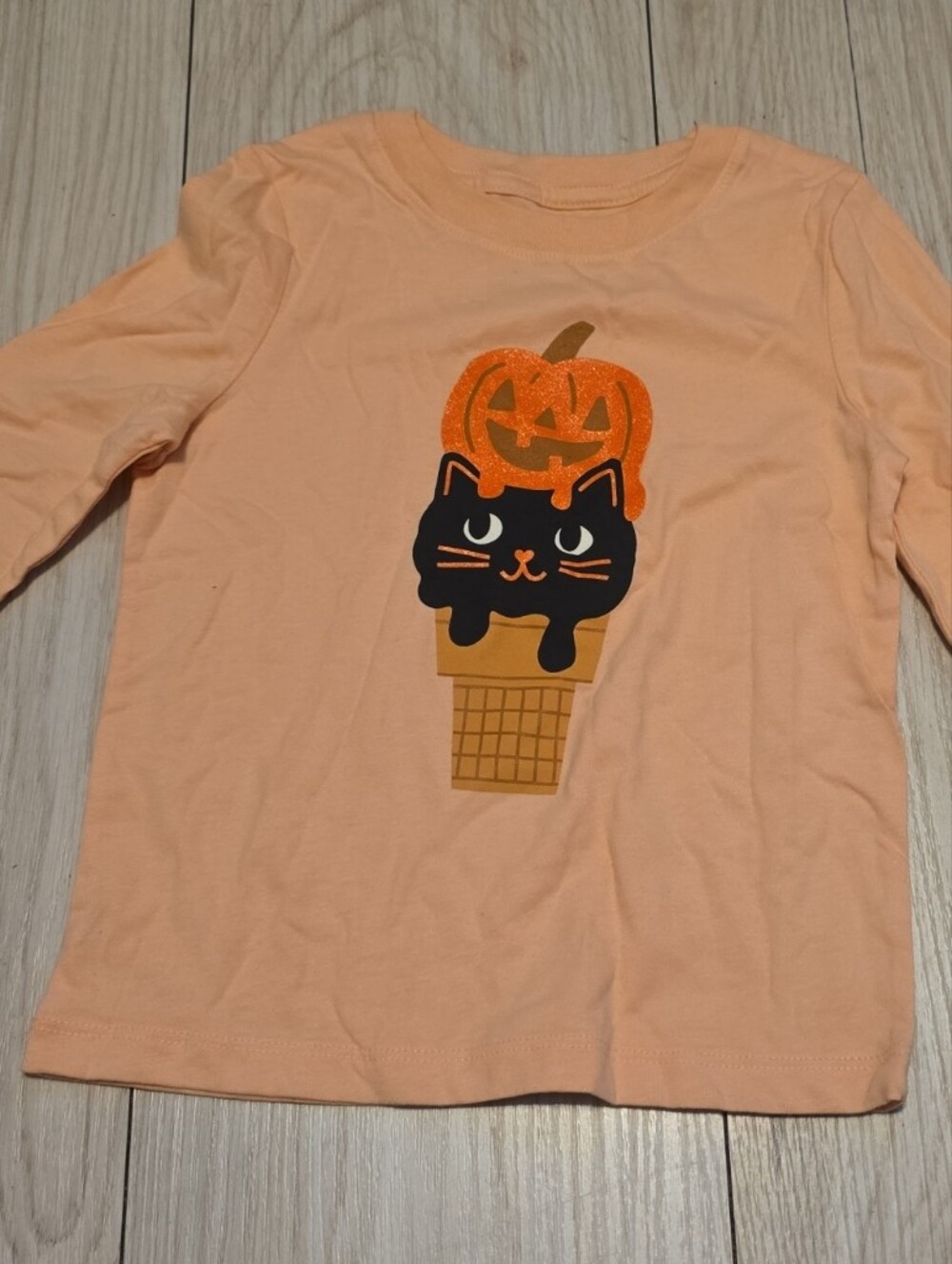 Cat & Jack Peach Long Sleeve Top with Black Cat Pumpkin Graphic